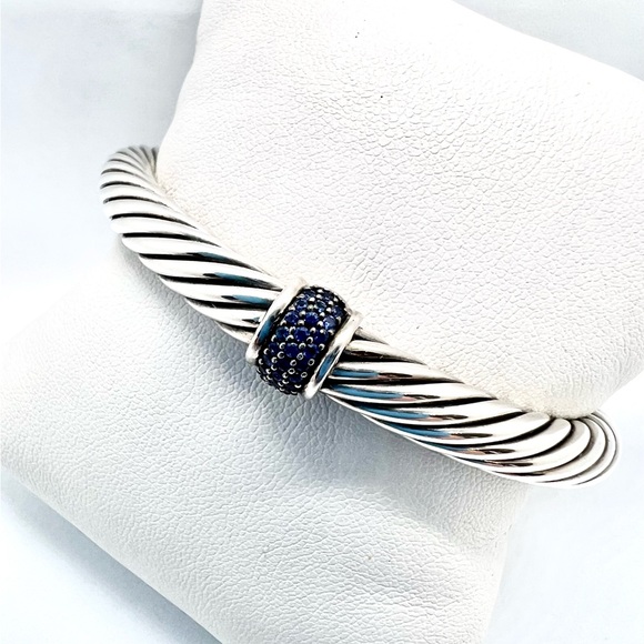 David Yurman Sterling Silver and Pave Blue Sapphire Station Bracelet - Picture 5 of 13